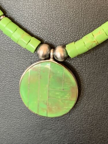 Navajo Green Gaspeite Turquoise Pendant | Sterling Silver | Authentic Native American Handmade | 12344