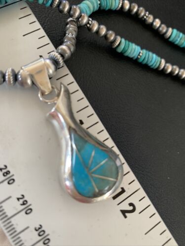 Navajo Pearl Necklace with Blue Turquoise Pottery Pendant | Sterling Silver | Authentic Native American Handmade | 12502