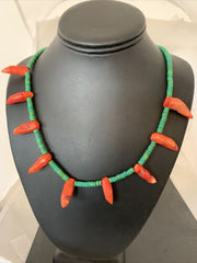 Navajo Turquoise Coral Chili Pepper Necklace | 20" | Sterling Silver Beads | Southwestern | 00828