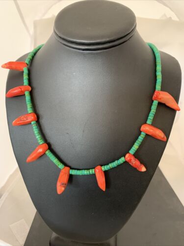 Navajo Turquoise Coral Chili Pepper Necklace | 20" | Sterling Silver Beads | Southwestern | 00828