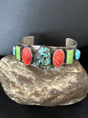 Navajo Turquoise Gaspeite Spiny Oyster Cuff Bracelet | Sterling Silver | Authentic Native American Handmade | 14815