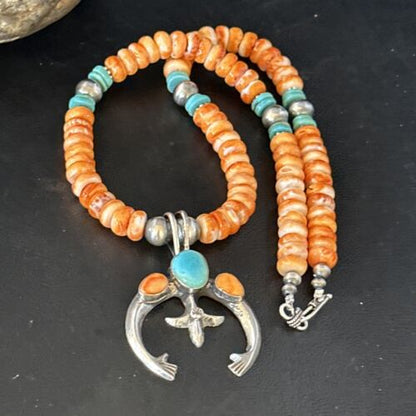 Navajo Blue Turquoise Spiny Oyster Naja Pendant Necklace | Sterling Silver | 18" | Authentic Native American Handmade | 14810 - Masha USA