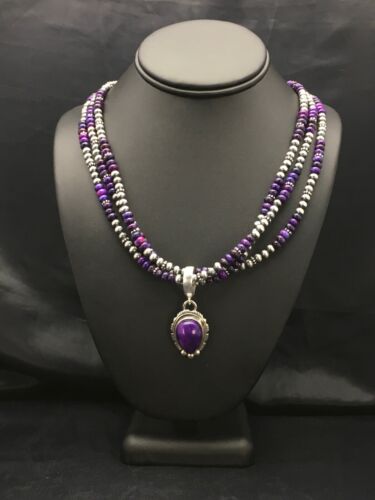 Navajo Pearls Sugilite Bead Necklace Pendant Set | 3-Strand Sterling Silver | 21" | 2885