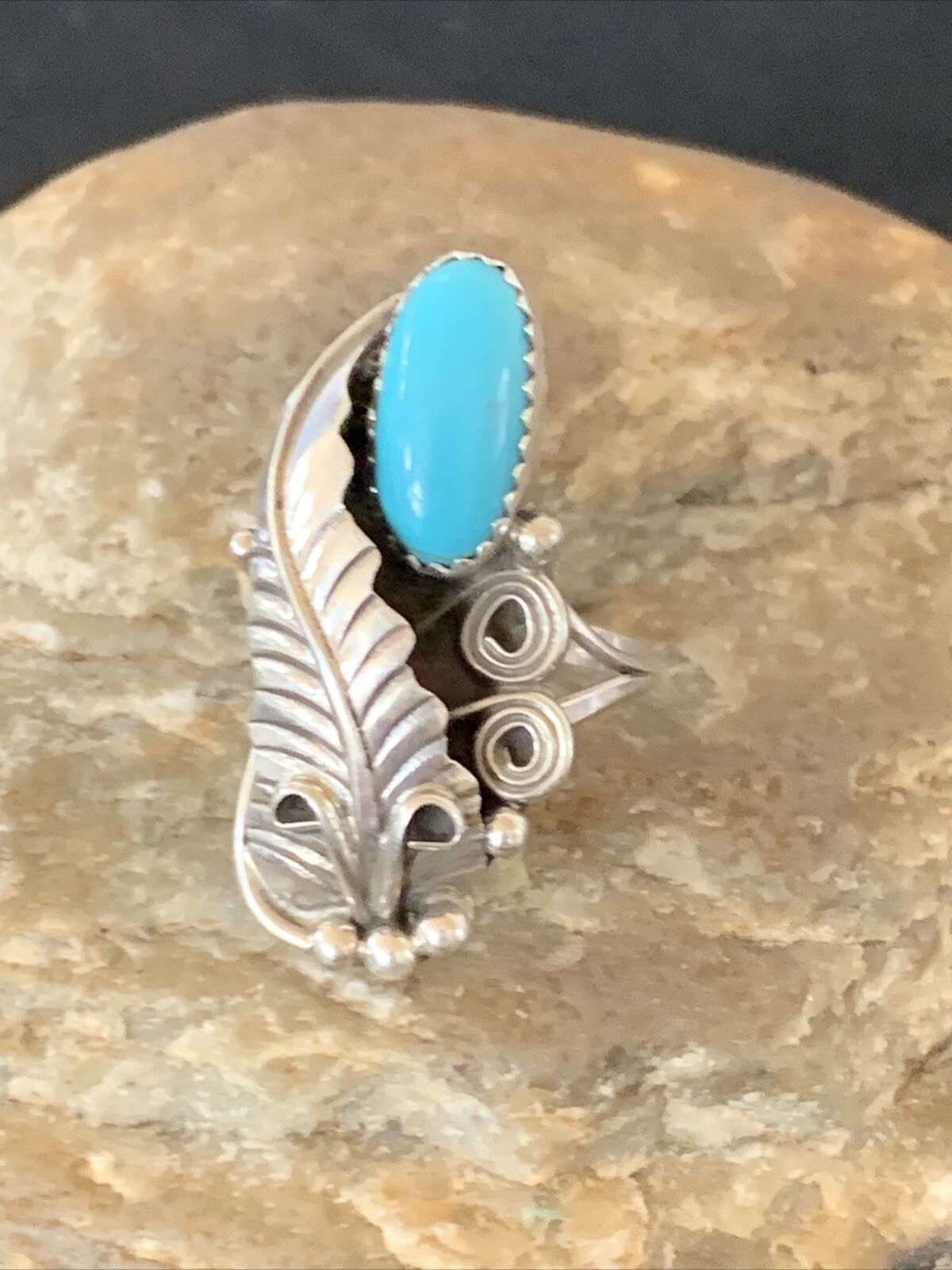 Navajo Blue Turquoise Feather Ring | Sterling Silver | Sz 5.5 | Authentic Native American Handmade | 11736