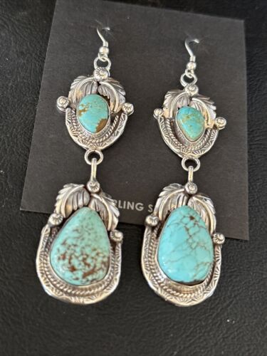 Navajo Blue #8 Turquoise Dangle Earrings | Sterling Silver | Authentic Native American Handmade | 14345