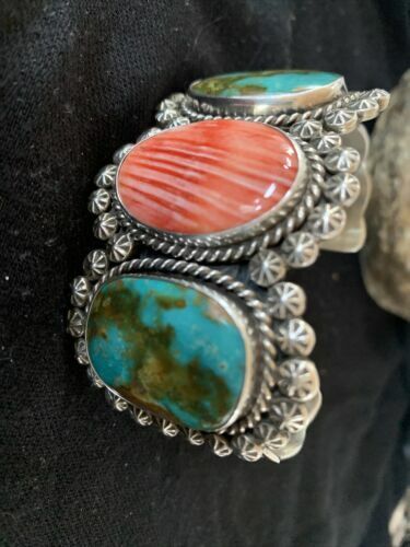 Navajo Royston Turquoise & Spiny Oyster Cuff Bracelet | Sterling Silver | Authentic Native American Handmade | 1105