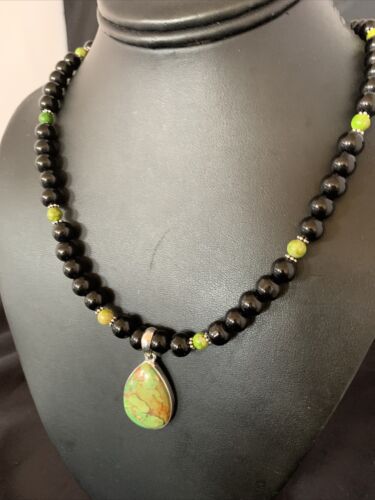 Navajo Pearls Onyx Mojave Turquoise Necklace Pendant | Sterling Silver | Authentic Native American Handmade | 13252