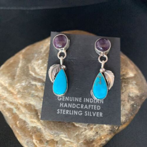 Navajo Sterling Silver Dangle Leaf Earrings | Purple Sugilite & Blue Turquoise | Handmade 13453