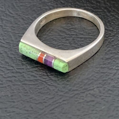 Southwestern Navajo Green Gaspeite Sugilite Red Coral Inlay Ring | Sz 6 | 10991