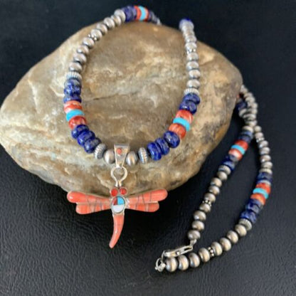 Navajo Turquoise Coral Inlay Dragonfly Pendant | Sterling Silver | Authentic Native American Handmade | 13509 - Masha USA