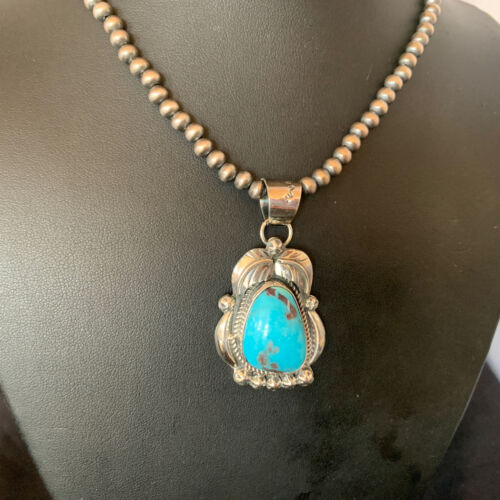 Men's Navajo Pearls Necklace | Sterling Silver Blue Kingman Turquoise Pendant | Native American | 12598