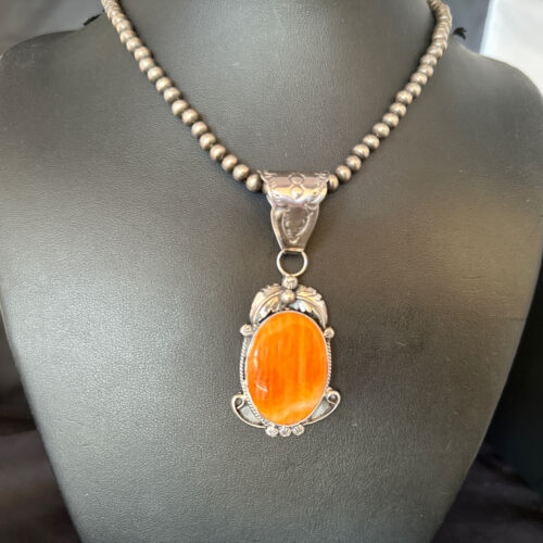 Navajo Pearls Necklace with Orange Spiny Oyster Pendant | Sterling Silver | Authentic Native American Handmade | 14723