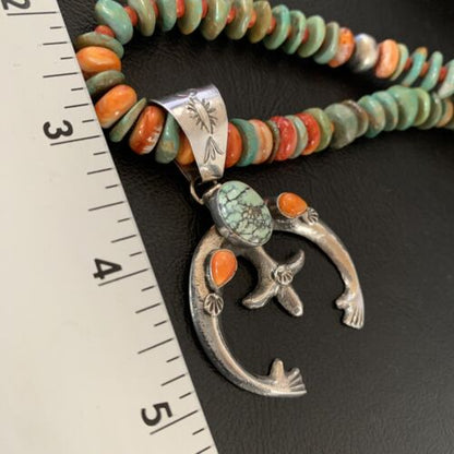 Navajo Pearl Sterling Silver Necklace with Royston Turquoise & Spiny Oyster Naja Pendant | 11579