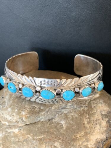 USA Navajo Sterling Blue Kingman Turquoise Cuff Stamp Bracelet 7 Stone 12314