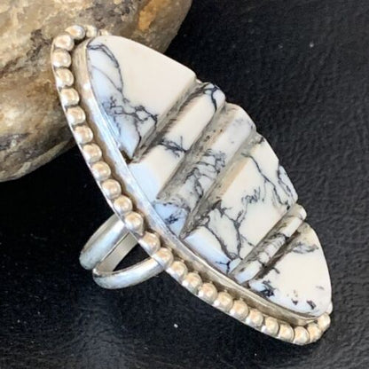 Navajo White Buffalo Turquoise Inlay Ring | Sterling Silver | Sz 9 | Authentic Native American Handmade | 12174