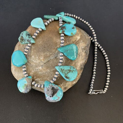 Southwestern Navajo Pearls Necklace | Sterling Silver Blue Turquoise Teardrop | 13149