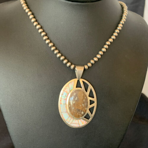 Navajo White Opal Inlay Jasper Pendant | Sterling Silver | 2.5" | Authentic Native American Handmade | 12271