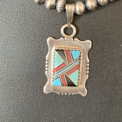 Navajo Multi-Color Turquoise Onyx Inlay Pendant Necklace | Sterling Silver | Authentic Native American Handmade | 13559