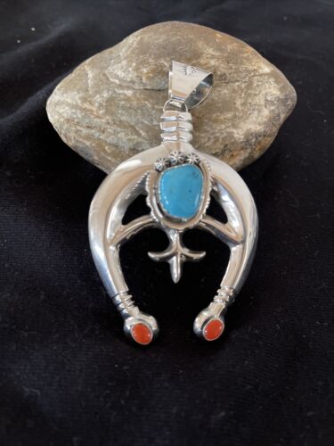 Navajo Sterling Silver Naja Pendant | Turquoise & Spiny Oyster | Authentic Native American Handmade | 1060