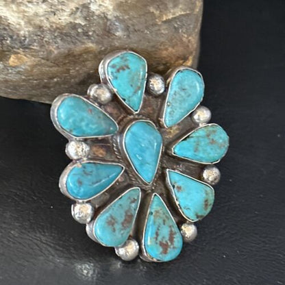 Navajo Blue Turquoise Cluster Ring | Authentic Native American Sterling Silver | Multi-Stone | Sz 7.5 | 14746