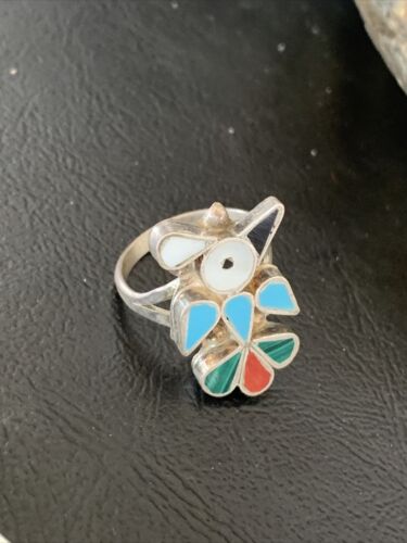 Zuni Peyote Bird Inlay Ring | Sterling Silver | Coral, Turquoise, Onyx, Mother of Pearl | Sz 6.5 | 10791
