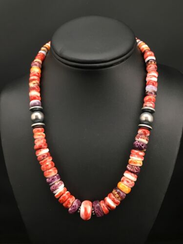 Navajo Sterling Silver Graduated Spiny Oyster Necklace | Authentic Native American | 18" | 4855