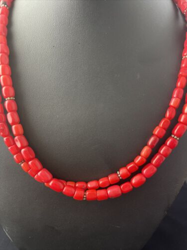 Native American Red Stabilized Coral Heishi Necklace | Sterling Silver | 18" | 1765