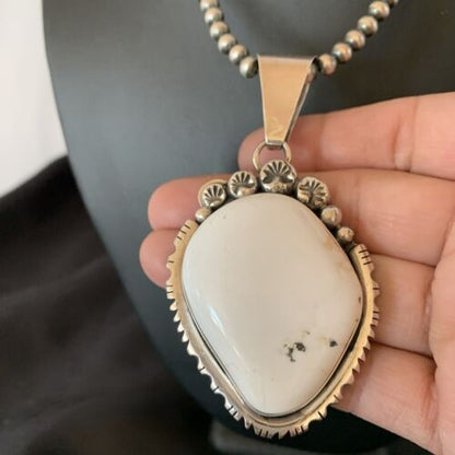 Men's Navajo White Buffalo Turquoise Pendant Necklace | Sterling Silver | Authentic Native American Handmade | 11846