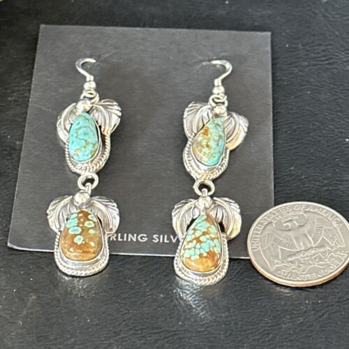 Navajo Blue #8 Turquoise Dangle Earrings | Sterling Silver | Authentic Native American Handmade | 14343