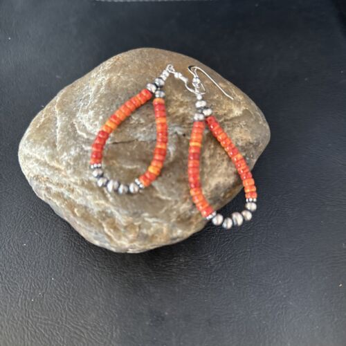 Southwestern Red Spiny Oyster Bead Earrings | Navajo Sterling Silver | Authentic Native American Handmade | 14372