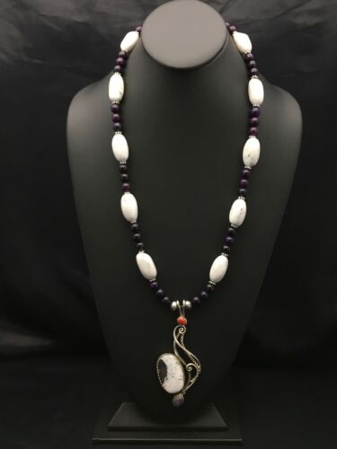 Navajo White Buffalo Sugilite Multi-Stone Pendant Set | Authentic Native American Sterling Silver | 24" | 2816