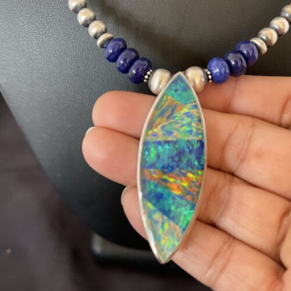 Men's Sterling Silver Necklace | Blue Lapis Bead Opal Inlay Pendant | Authentic Native American Handmade | 10585