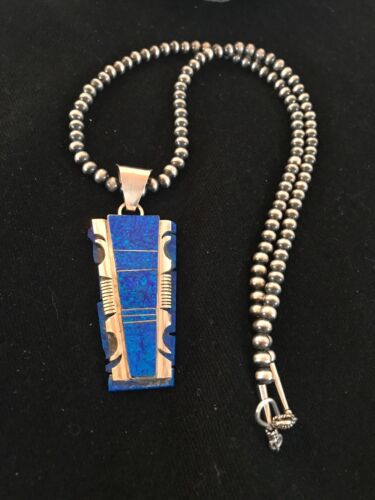 Authentic Native American Navajo Pearls Bead Necklace | Sterling Silver with Blue Opal Pendant | 8281