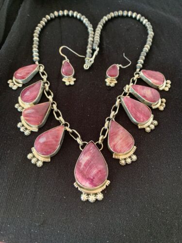Navajo Purple Spiny Oyster Pendant Necklace Set | Authentic Native American Sterling Silver | Handmade | 4555