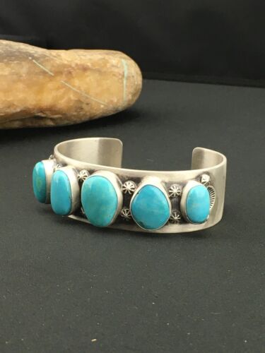 Navajo Men's Sterling Kingman Turquoise Bracelet | 5 Stone | Authentic Native American Handmade | 1304