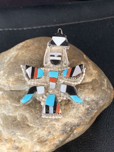 Authentic Native American Zuni Kachina Pin Pendant Necklace | Sterling Silver with Turquoise, Mother of Pearl & Onyx Inlay | 13687