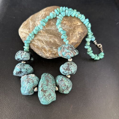 Navajo Blue Turquoise Nugget Necklace | Sterling Silver | Authentic Native American Handmade | 20" | 14419