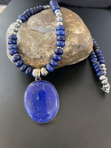 Navajo Pearls Sterling Silver Necklace with Blue Lapis Pendant | Authentic Native American Handmade | 11352