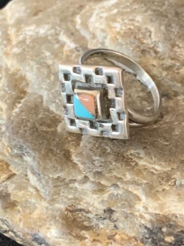 Navajo Blue Turquoise Pink Coral Inlay Ring | Sz 6.5 | Authentic Native American Handmade | 13133 - Masha USA