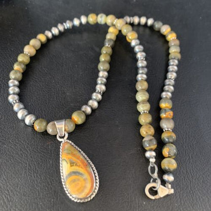 Men's Navajo Pearls Necklace | Gold Bumblebee Jasper Pendant | Sterling Silver | Native American Handmade | 13811
