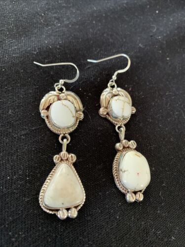 Navajo White Buffalo Turquoise Dangle Earrings | Sterling Silver | 2.50" | Authentic Native American Handmade | 1662