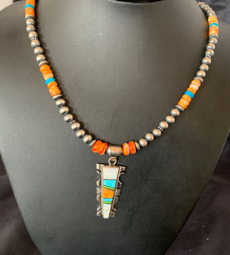 Navajo Turquoise Spiny Oyster Inlay Pendant | Sterling Silver | Authentic Native American Handmade | 11801
