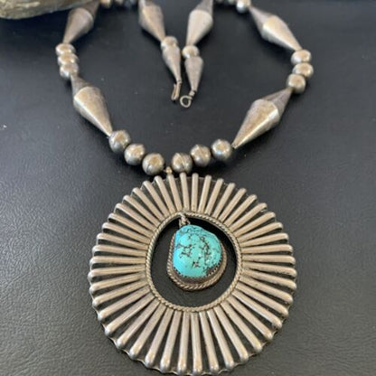 Navajo Old Pawn Blue Kingman Turquoise Pendant | Sterling Silver | 22" Necklace | 10399