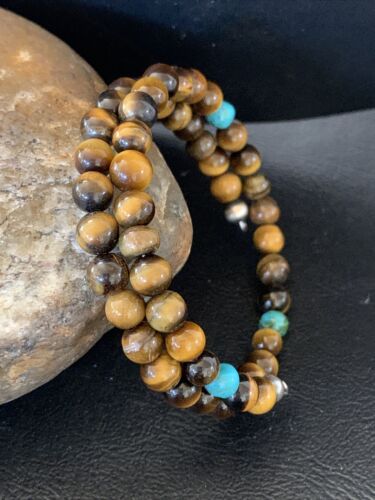 Stainless Steel Memory Wire Bracelet | Tiger's Eye & Turquoise | Southwestern Navajo Style | 1419