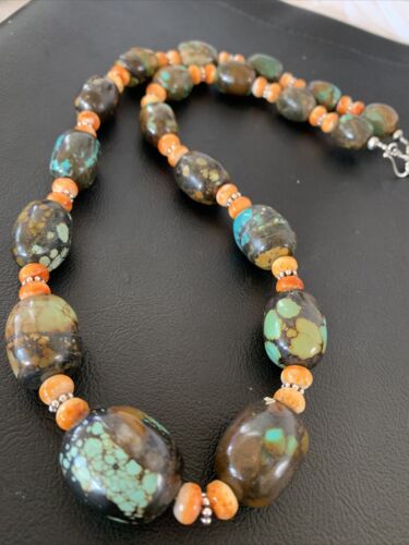 Navajo Green Turquoise & Orange Spiny Oyster Necklace | Sterling Silver | 23" | Authentic Native American Handmade | 1846