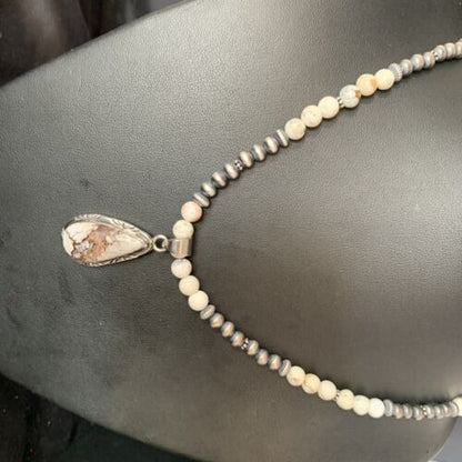 Navajo Pearls Necklace with Wild Horse Turquoise Pendant | Sterling Silver | Authentic Native American Handmade | 13904