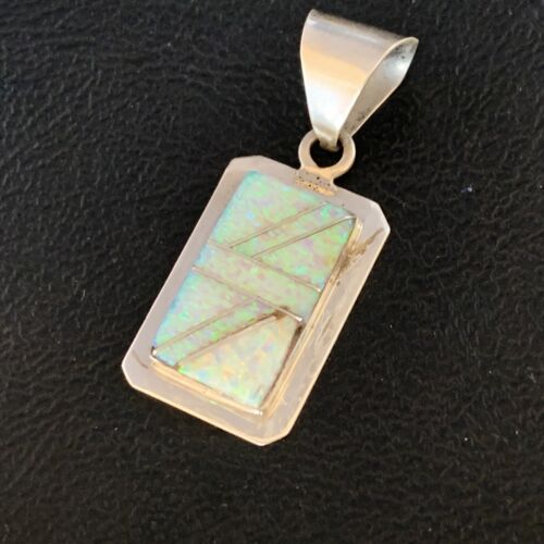 Navajo Sterling Silver White Pink Faux Opal Inlay Pendant | 1.5" | Authentic Native American Handmade | 13555