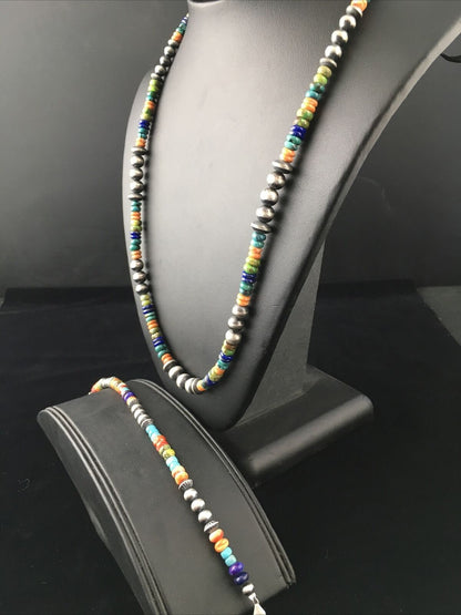 Native American Multi-Color Turquoise Necklace & Bracelet Set | Sterling Silver | 22" | Navajo Handmade | 10039 - Masha USA