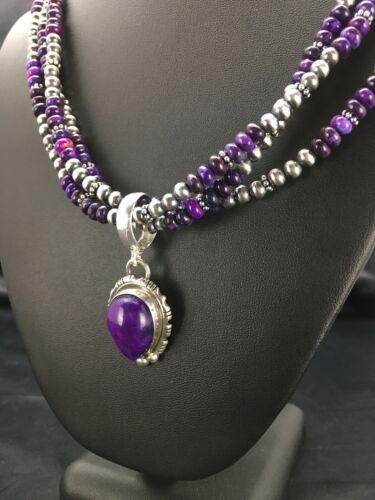 Navajo Pearls Sugilite Bead Necklace Pendant Set | 3-Strand Sterling Silver | 21" | 2885