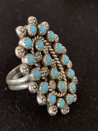 Navajo Blue Cluster Turquoise Petti-Point Ring | Authentic Native American Sterling Silver | Multi-Stone | Sz 7 | 618